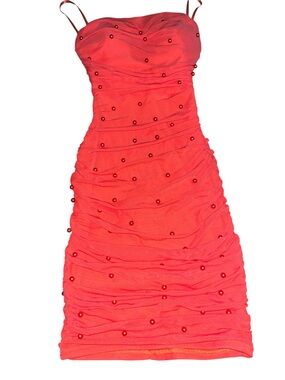 Windsor Red Beaded Ruched Spaghetti-Strap Mini Dress